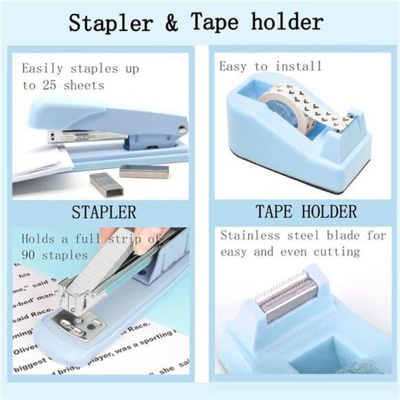 Blue desk accessories set 10 piece organizer stapler tape dispenser office suppl - Picture 4 of 7